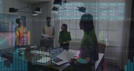 Four women reviewing business data, presenter pointing at laptop, causing animated charts growing - Powered by Adobe