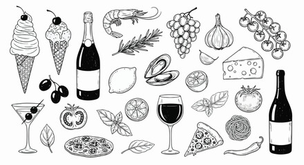 Handdrawn collection of food and beverage icons including wine, pizza, and fruits