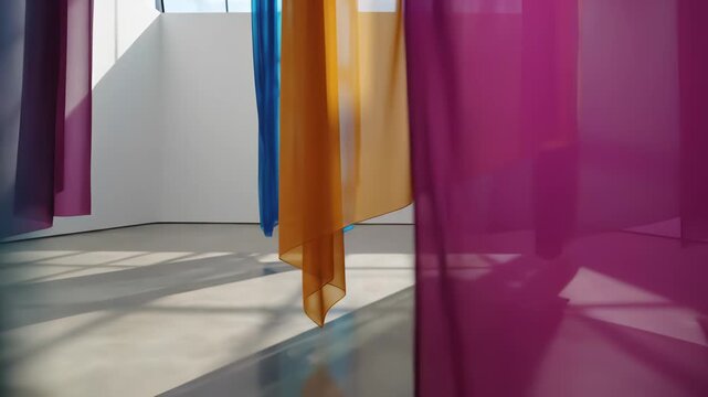 Modern Art Gallery Space with Colorful Curtains and Sculpture Perfectly Capturing Creative Inspiration and Innovative Design Studio Concepts for 4K UHD Video Backgrounds or Commercial Use Cases.