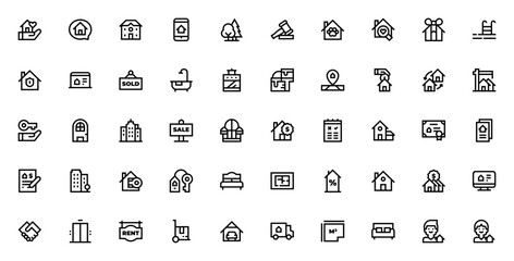 Real Estate icon set. Minimal vector icons pack. Incudes symbols for house, aprtment, rent, sale, mortgae, agent, construction, bleprint and more.