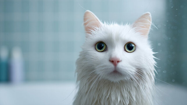 Portrait of a beautiful white wet cat in the bathroom after bathing - Powered by Adobe