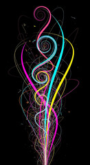 Abstract digital illustration sound waves music rhythm neon colors black background