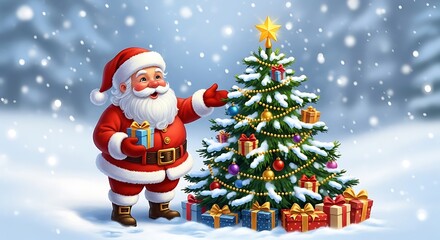 Cheerful Santa Claus Decorating Christmas Tree with Gifts in Snowy Winter