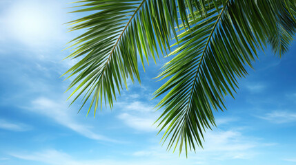 Fototapeta premium Elevated View of Lush Palm Leaves Against a Bright Blue Sky with Light Clouds for Tropical and Nature-themed Designs