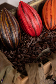 cacao beans on traditional clay plate on traditional woven fabric