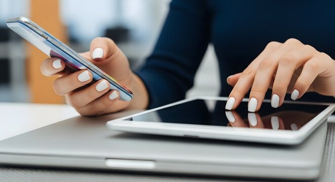 Close-up of a person using a smartphone and tablet while working on a laptop.