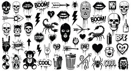 Collection of black and white tattoo designs with skulls, spiders, hearts, and cool symbols