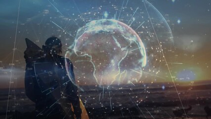 Surfer walking sunset beach, digital globe appearing over surfer and rotating, mapping tech network - Powered by Adobe