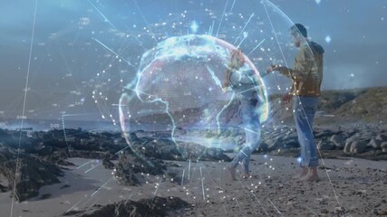 Child taking first steps on shore, parents steadying, tech globe overlaying family pulsing nodes - Powered by Adobe