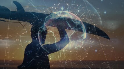 Surfer walking sunset adjusting board preparing to surf while globe mapping tech data over shadow - Powered by Adobe