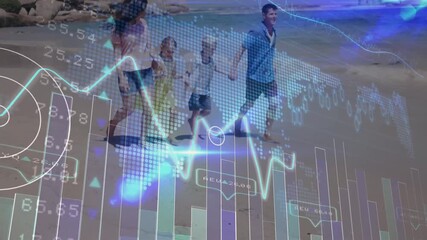 Family walking shoreline, parents guiding kids, overlay animating financial HUD aligning near adult - Powered by Adobe