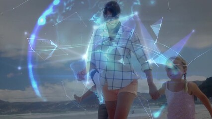 Mom holding girl's hand dad carrying son walking beach camera moving AR globe forming over group - Powered by Adobe