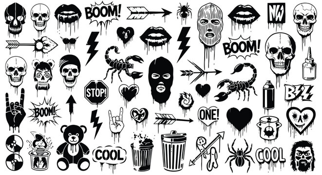 Collection of black and white tattoo designs with skulls, spiders, hearts, and cool symbols