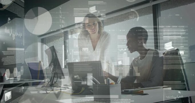 Standing lead leaning pointing at screen guiding seated peer while HUD charts floating for business