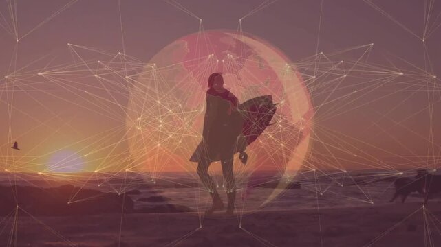 Surfer carrying board heading to waves sun lighting sphere around him forming winged tech wireframe