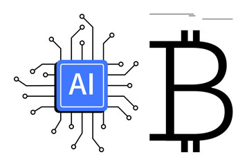 AI processor chip connected by circuit lines next to bold Bitcoin symbol. Ideal for technology, fintech, AI, economy, innovation, cryptocurrency, blockchain themes. Minimalist flat metaphor