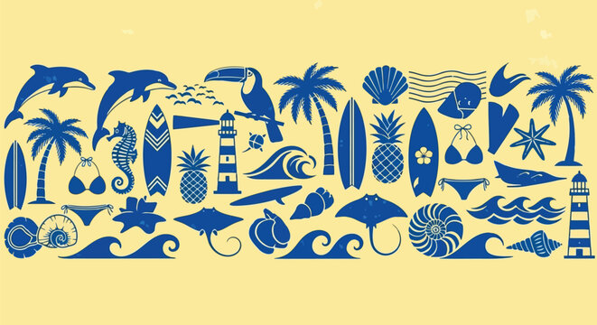 Colorful tropical summer icons collection with palm trees, surfboards, and sea creatures in flat design