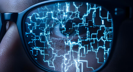 Close-up of a person wearing glasses reflecting a complex digital circuit board pattern.