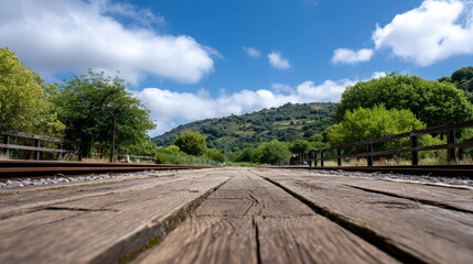 Obraz premium Scenic Countryside Railway View Featuring an Empty Wooden Platform Overlooking Lush Green Hills Under a Bright Blue Sky with Fluffy Clouds