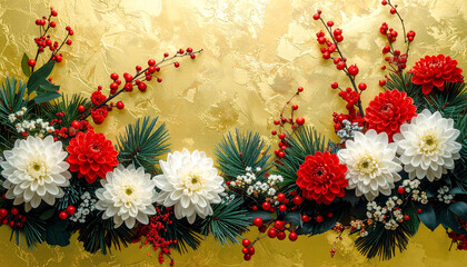 金箔のテクスチャを背景に華やかな正月の花飾り
