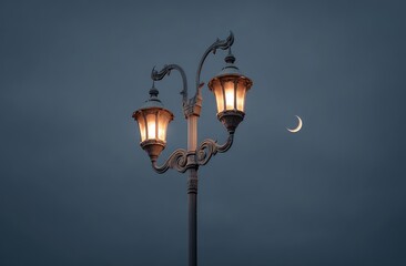 Ornate double-lamp streetlight illuminates the twilight sky, a slender crescent moon visible nearby.  The metalwork shows decorative flourishes