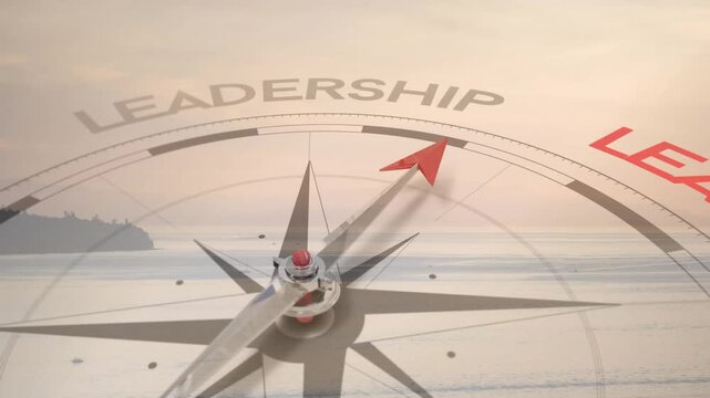 Compass with red arrow starting at center, rotating and highlighting leadership for business