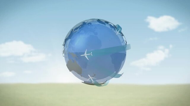 Glassy globe appearing, growing and rotating, spawning planes forming blue arcs mapping routes