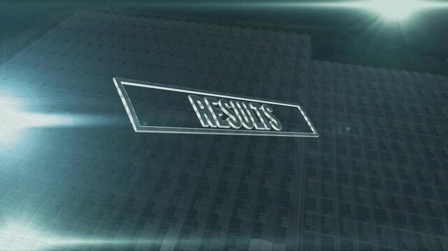 Reflective framed RESULTS sign rotating and flattening while camera pulling back initiating reveal