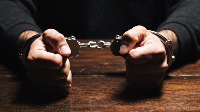Man's Hands Secured in Metal Handcuffs Placed on a Textured Wooden Table Representing Arrest and Legal Justice