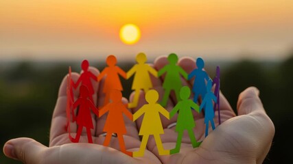 Colorful paper person chain holding hands in cupped hands at sunset silhouette conveying unity diversity community teamwork and hope - Powered by Adobe
