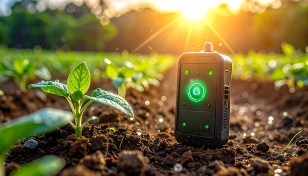 Smart Agriculture Tech: a detailed shot highlights a smart agriculture device near a young plant in fertile soil, with bright sunlight