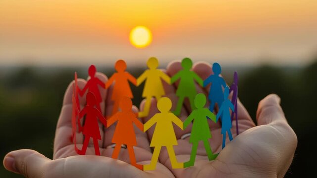 Colorful paper person chain holding hands in cupped hands at sunset silhouette conveying unity diversity community teamwork and hope