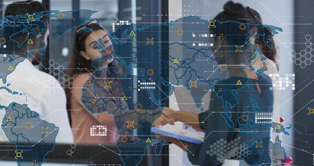 Pink-clad woman with tablet reaching, teal woman holding docs shaking hands, business HUD rising - Powered by Adobe