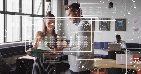 Man pointing at phone, woman holding green folder, starting HUD overlay and reviewing for business - Powered by Adobe