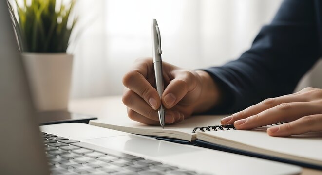 Close-up of a person writing in a notebook with a pen, with a laptop and plant in the background.