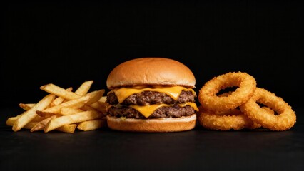 Delicious double cheeseburger served with crispy french fries and fried onion rings against a dark background