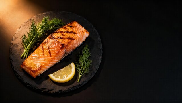 Grilled salmon fillet garnished with fresh dill and lemon slice rests on a dark slate serving platter