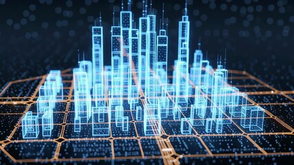 Glowing digital city model holographic skyline with neon blue skyscraper wireframe, orange circuit grid and roadway lines, futuristic city grid smart city map urban planning visualization data network - Powered by Adobe