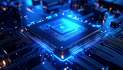 Obraz premium Technological Core: A close-up view of a high-tech central processing unit glowing with the vibrant energy of innovation, a symphony of circuits, symbolizing the digital world.