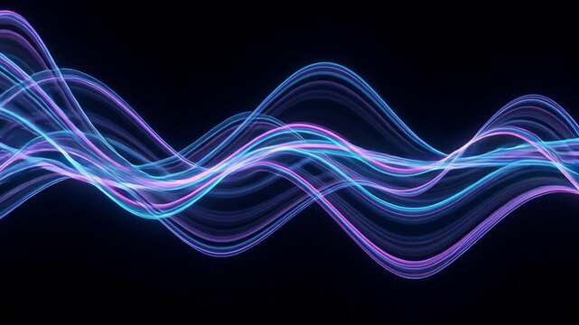 Glowing neon wave light trail abstract ribbon flowing line motion blur dark background blue purple energy glowing wave light ribbon neon flow abstract motion energy digital sound frequency