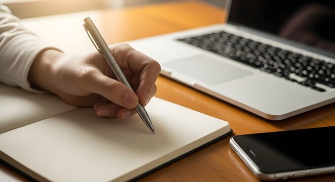Close-up of a persons hand writing in a notebook next to a laptop and smartphone.