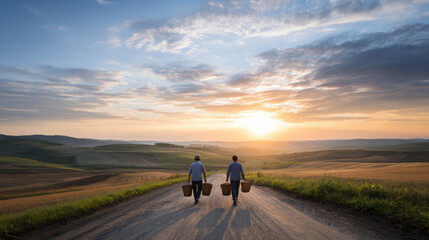 Obraz premium Farmers Walking on a Countryside Road at Sunset with Baskets in Hand, Capturing the Essence of Rural Life and Nature's Beauty
