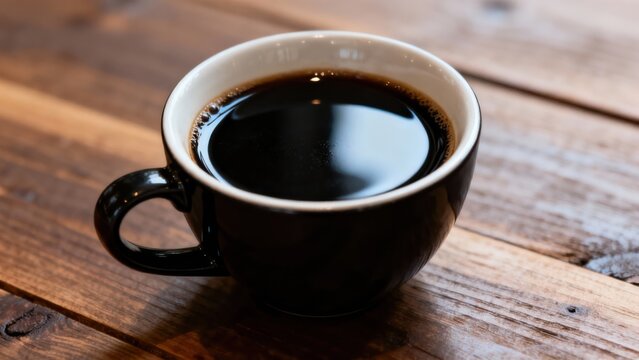 Dark brewed beverage rests within a ceramic mug on a rustic wooden surface