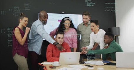 Laptop operator typing while team leaning, pointing and directing tech deck, code overlay appearing