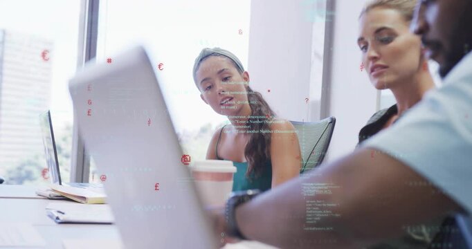 Man operating laptop, moving trackpad and drawing two colleagues to lean in for business review