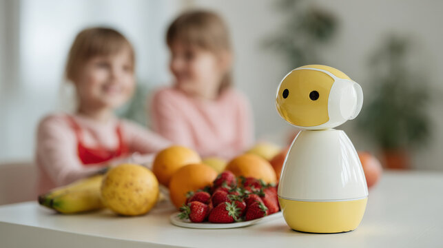 cheerful robot assistant serves delightful breakfast to children filled with ultrabright fruits