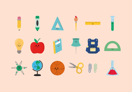 Colorful Cute Back School Kawaii Supplies Illustration Set