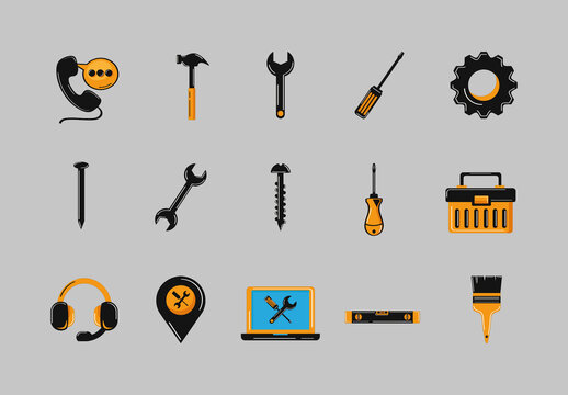Black And Orange Tools Repair Maintenance Technical Service Icons Set