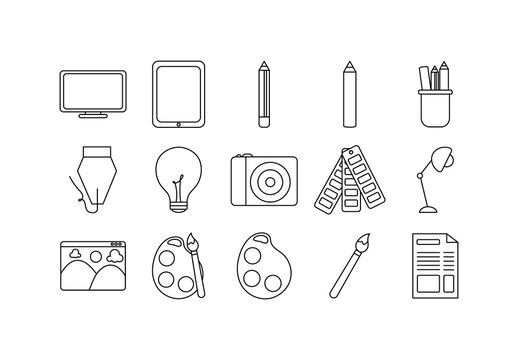 Black And White Creative Design Tools Line Icons Set