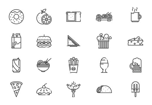 Black And White Food Drink Snack Meal Restaurant Line Icons Set